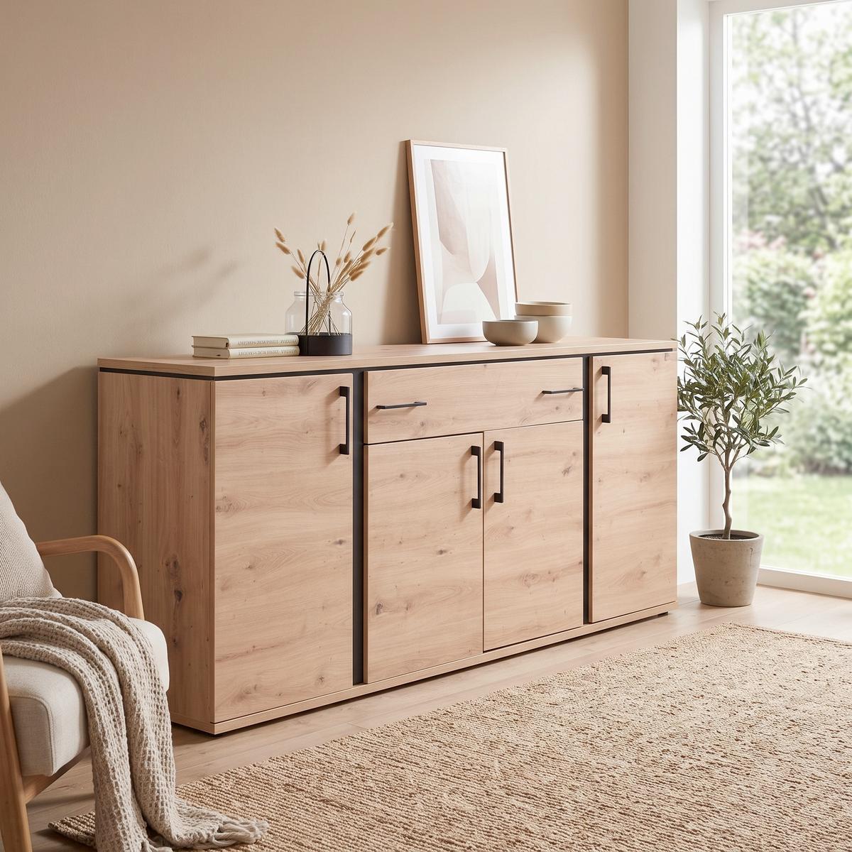 Sideboard mit Softclose B: 190 cm Nature, Eiche Dekor/Schwarz - Eichefarben, KONVENTIONELL, Holzwerkstoff (190/84/42cm)