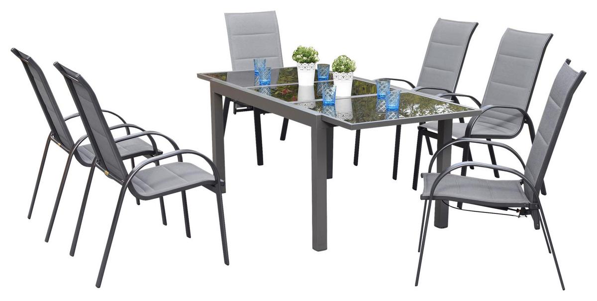 Gartentischgruppe Amalfi 7 -Teilig. Graphitfarben/Grau - Graphitfarben/Grau, KONVENTIONELL, Glas/Textil - Gardenson