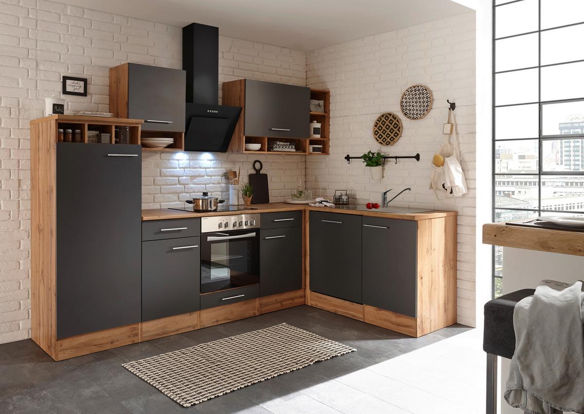 Eckküche Economy mit Geräten 280x172cm Wildeiche Dekor/Grau - Wildeiche/Grau, Basics, Holzwerkstoff (280/172cm) - Respekta