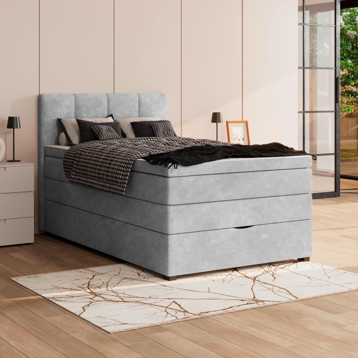 Boxspringbett mit Topper & Bettkasten 140x200 Lauro - Hellgrau/Schwarz, Trend, Textil (140/200cm)