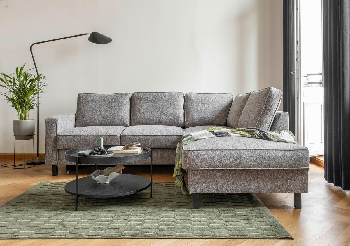 Sedačka MELANIE L, pravá, šedá, lůžko na spaní - šedá/černá, dřevo/textil (233/198cm) - MID.YOU