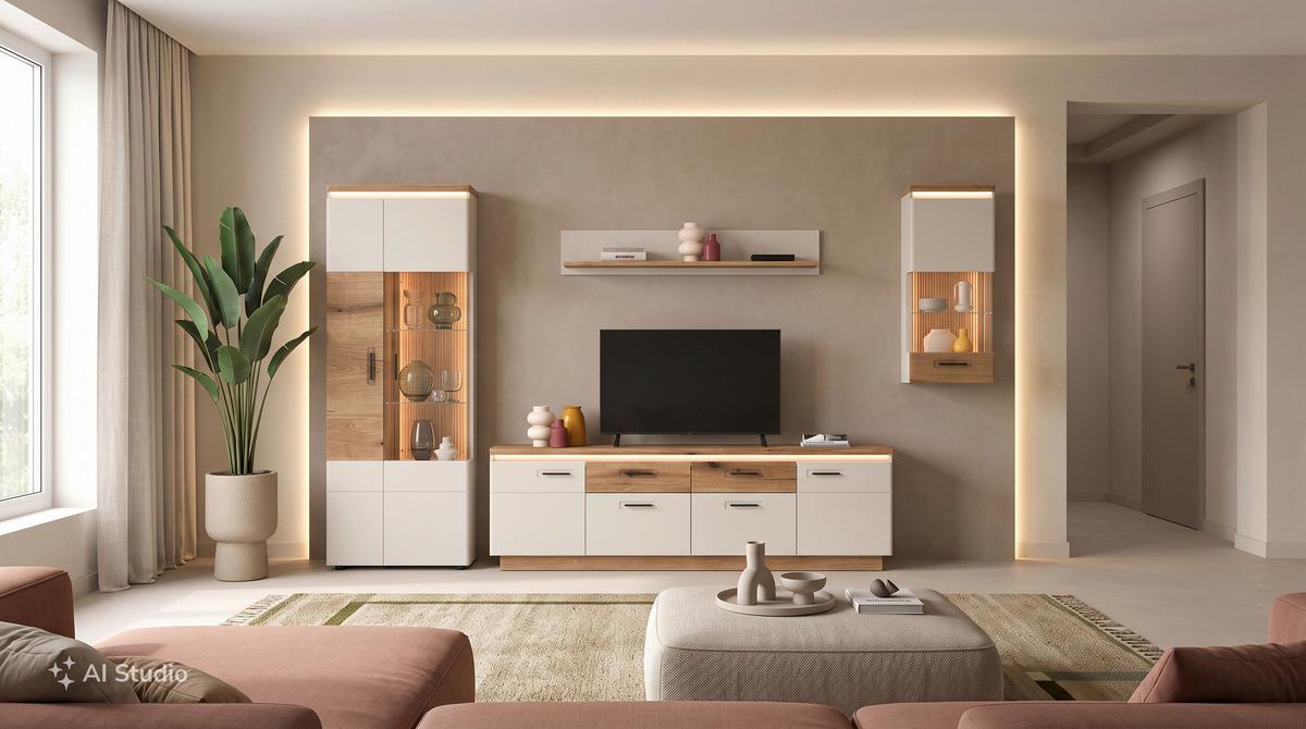 Vitrine Modena Eiche Dekor/Kaschmir B: 75cm - Kaschmir/Eichefarben, Basics, Glas/Holzwerkstoff (75/160,5/35,6cm) - Hom`in