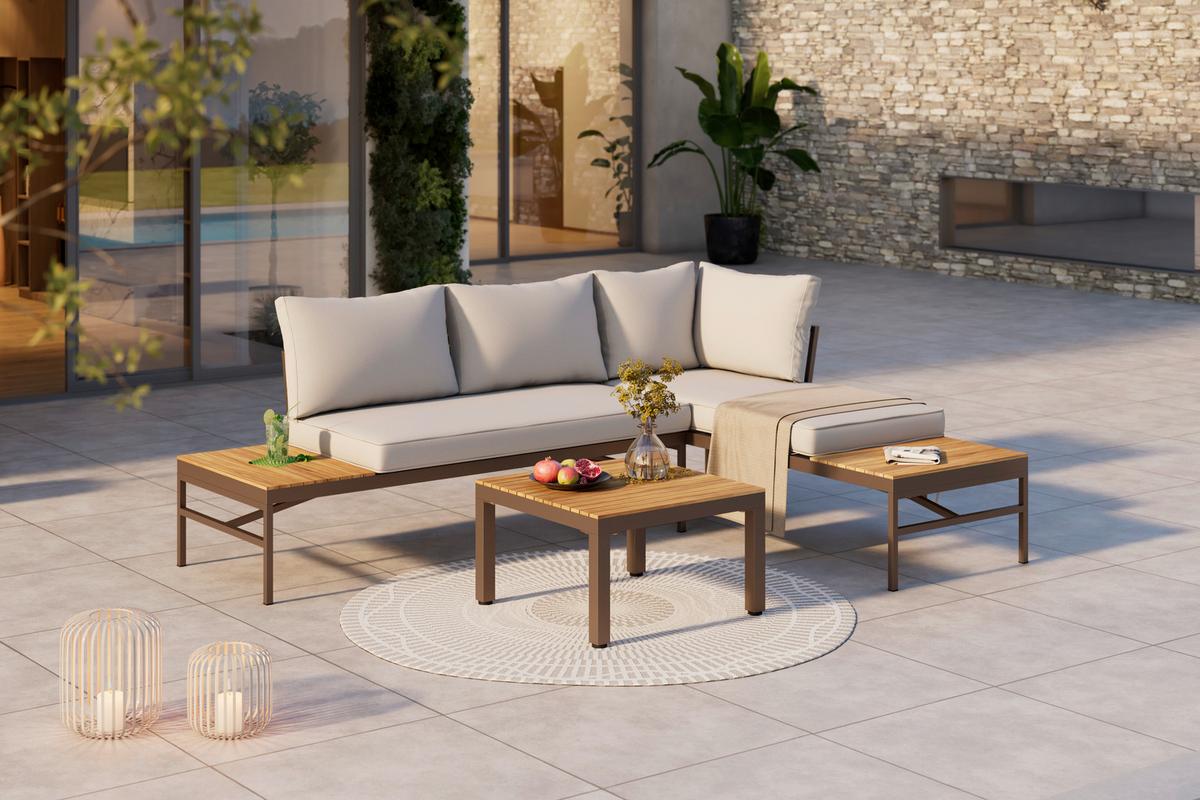 Loungegarnitur Rostock - Beige/Akaziefarben, MODERN, Holz/Textil (57/35/57cm) - Beldano