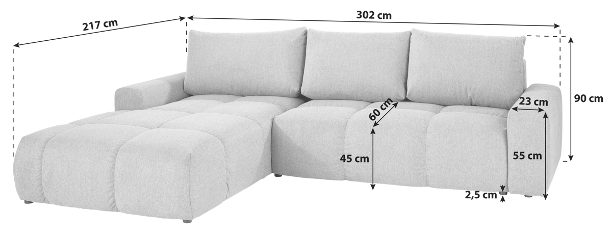 Ecksofa Atlantic Mit Schlafftunktion und Bettkasten - Schwarz/Grau, Design, Textil (214/305cm) - Luca Bessoni