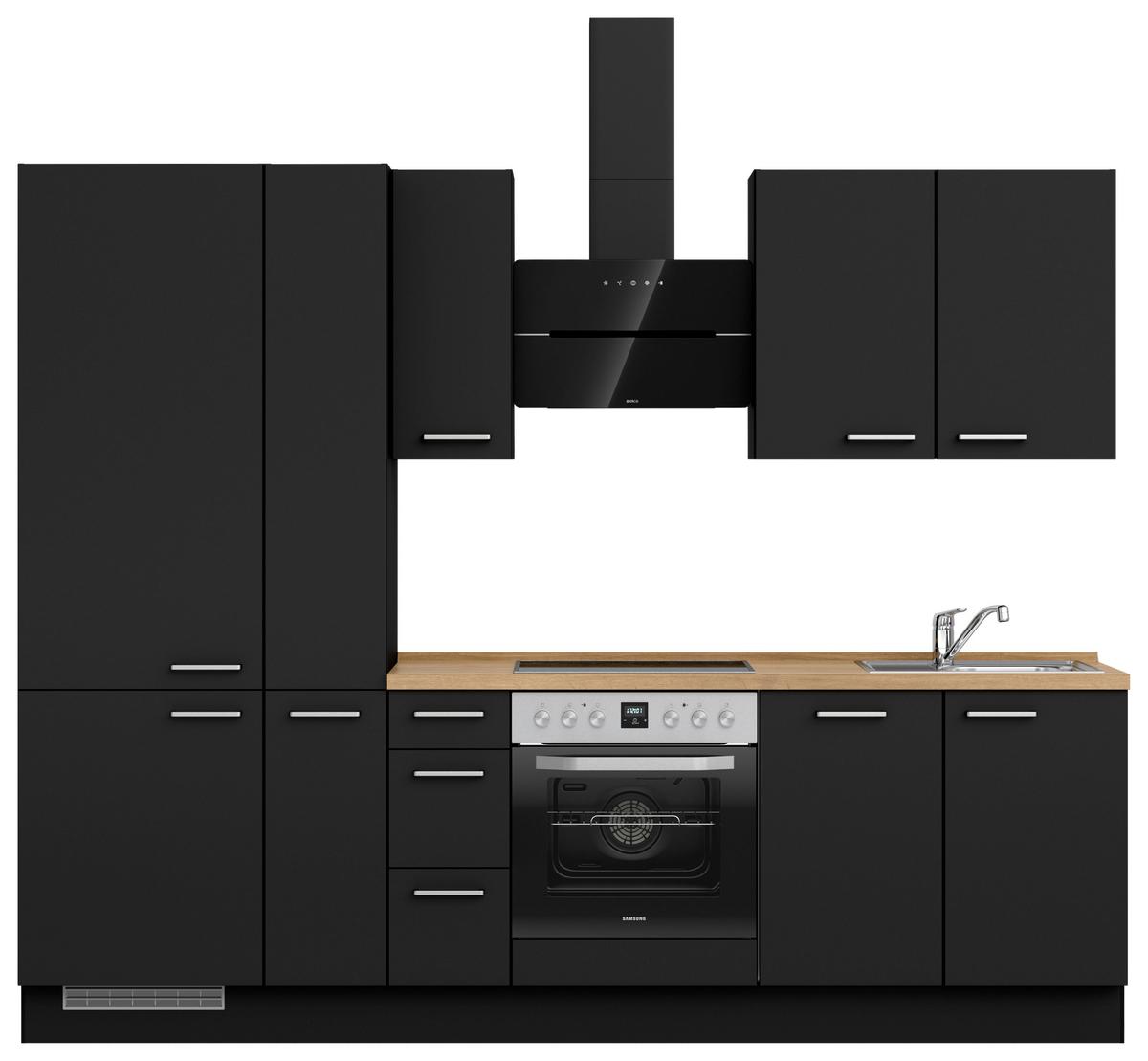 Kuchyňská linka 270 cm, černá matná/ barva dub - černá/barvy dubu, Moderní, kov/kompozitní dřevo (270cm) - Nobilia