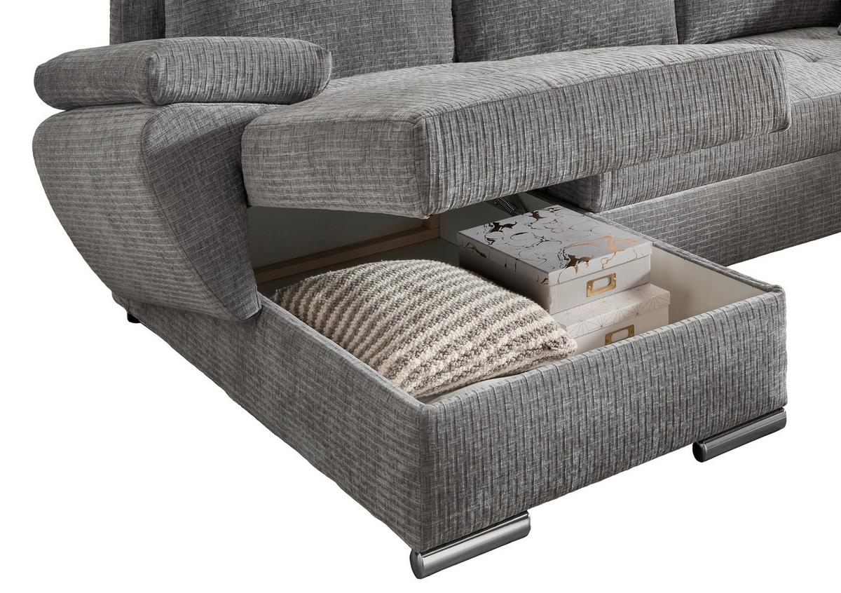 Wohnlandschaft Terana Grau mit Schlaffunktion, Mikrofaser - Chromfarben/Grau, KONVENTIONELL, Textil (157/305/219cm) - Livetastic