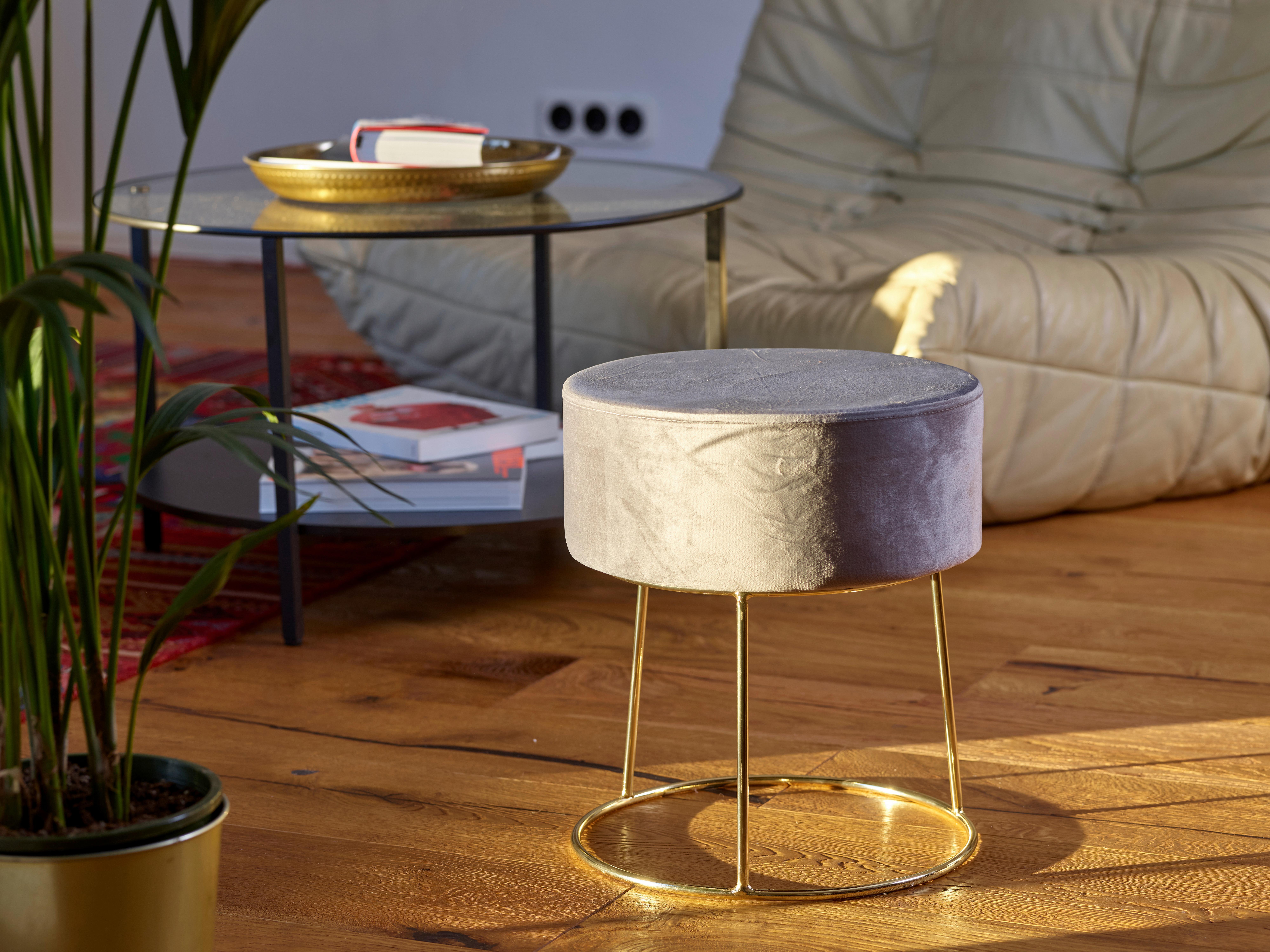 Hocker Marilyn Samt Grau Sitz Gepolstert H: 40,5 Cm - Goldfarben/Grau, Design, Textil (35,5/40,5/35,5cm) - Echtwerk