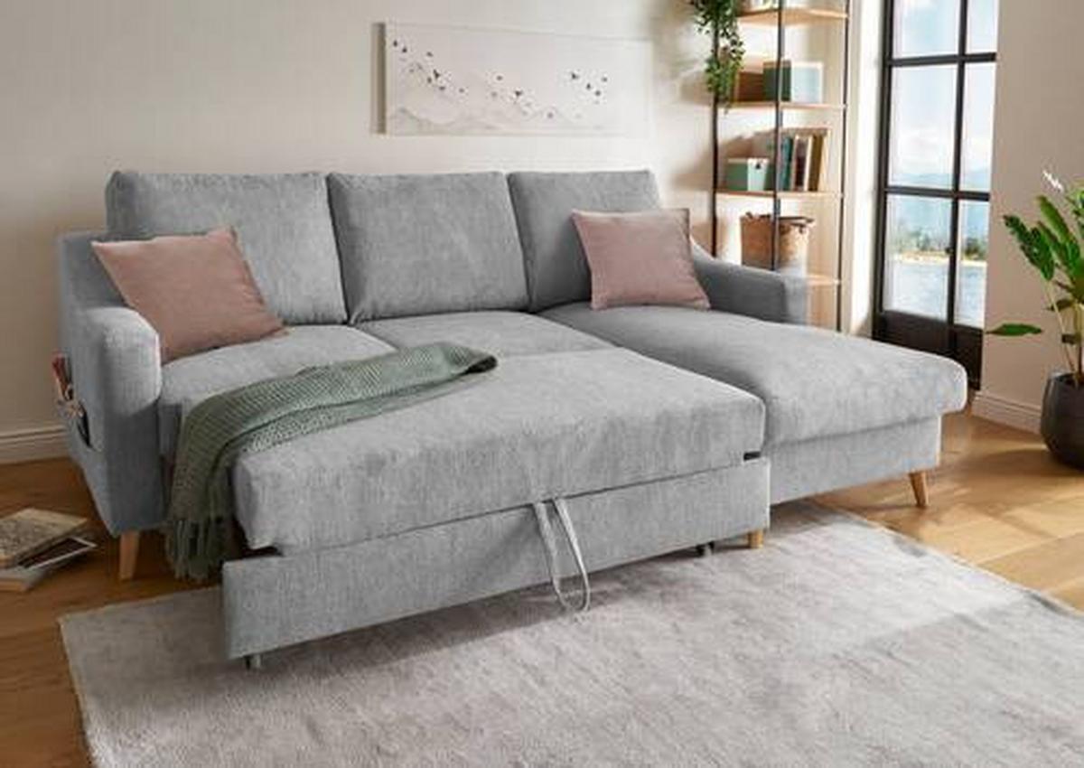 Ecksofa mit Bettkasten Valentina Grau Massiv - Dunkelrosa/Naturfarben, Design, Textil (228/150cm) - MID.YOU