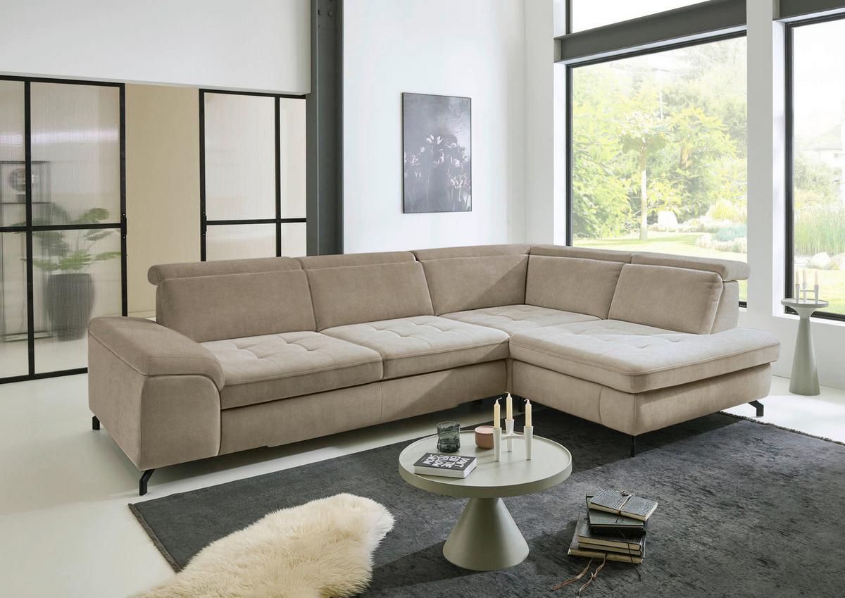 Rohová sedačka MIMA, pravá, sv.hnedá ženilka, bez funkcií - svetlohnedá/čierna, Modern, kov/textil (318/220cm)