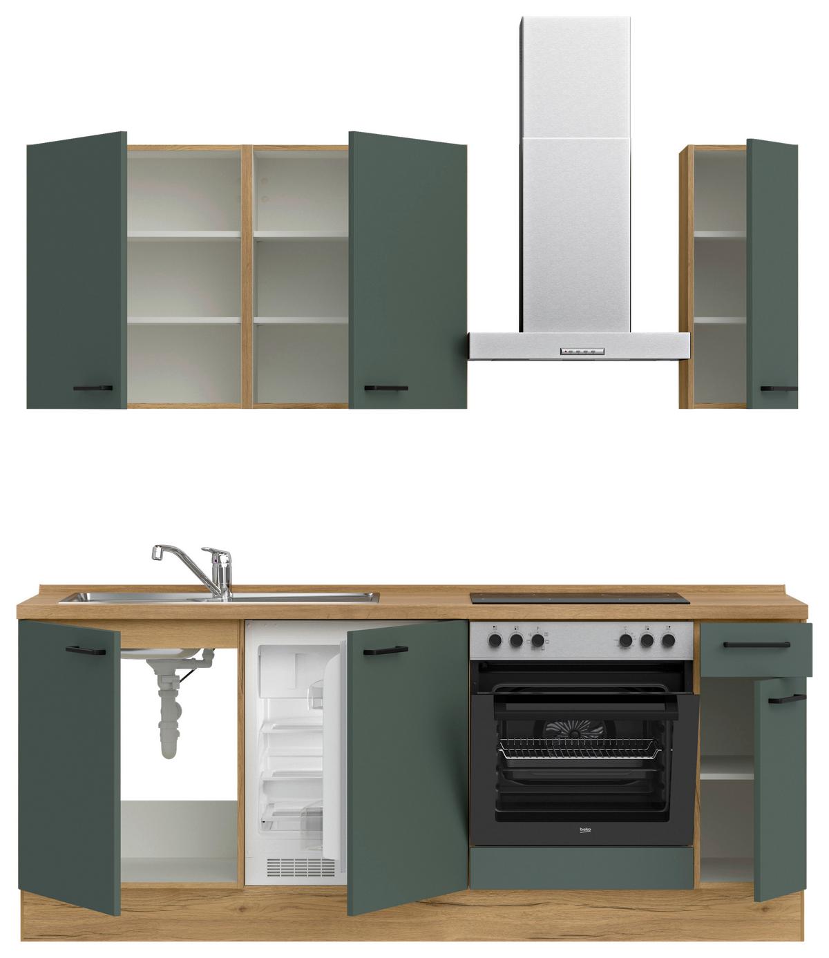 Kuchyňská linka 210 cm, minerální zelená,ultra matná - barvy dubu/černá, Moderní, kov/kompozitní dřevo (210cm) - Nobilia