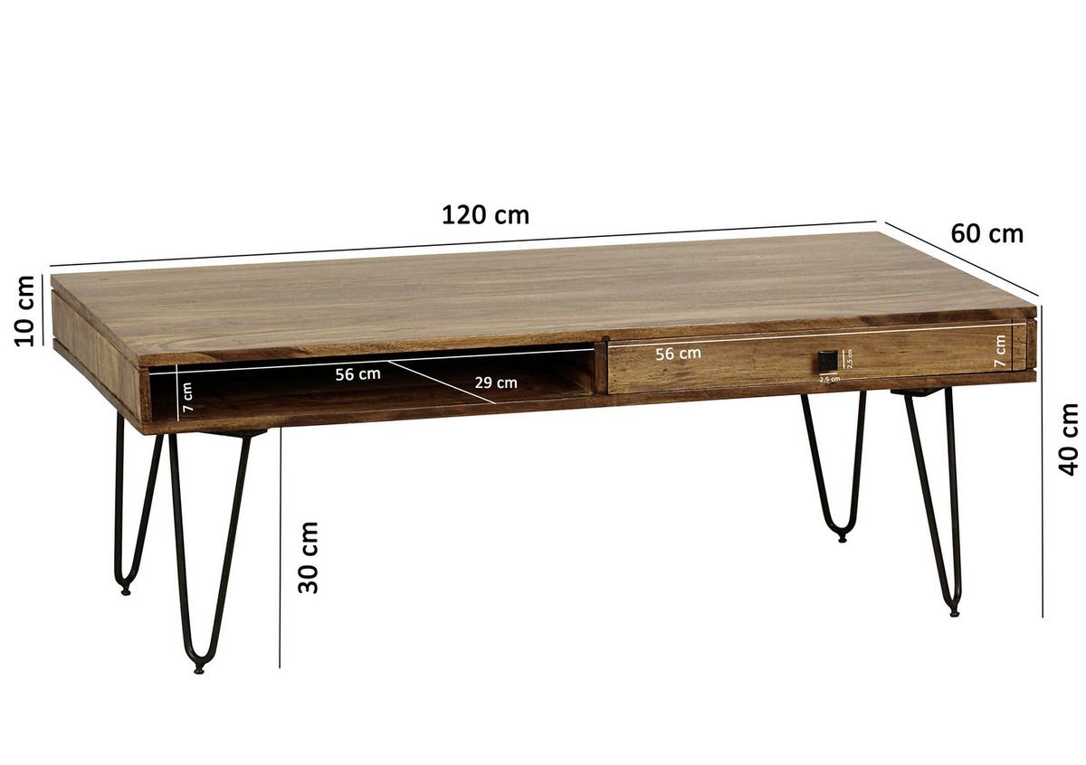 Couchtisch Holz Mit Stauraum Bagli, Sheesham/schwarz - Sheeshamfarben/Schwarz, Design, Holz/Metall (117/60/40cm) - MID.YOU