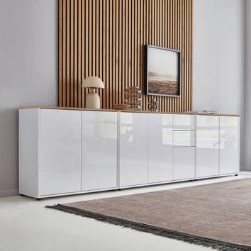 Sideboard Mailand6 B:263,5cm Weiß/Eiche - Weiß Hochglanz/Schwarz, MODERN, Holzwerkstoff (263,5/73/33cm) - MID.YOU
