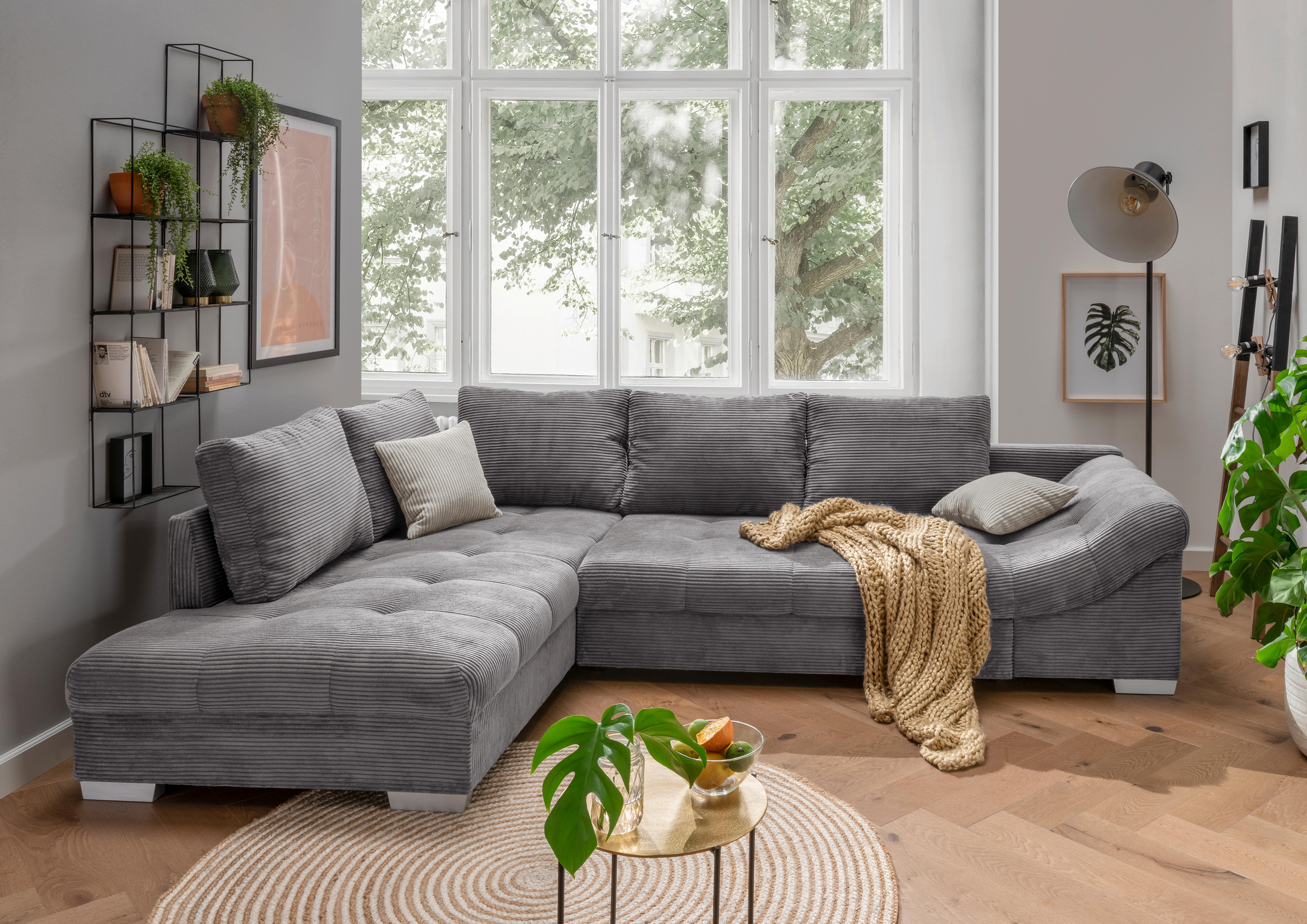 Rohová sedačka ALVITO, levá, šedý manšestr - šedá/barvy stříbra, Design, dřevo/textil (202/298cm) - MID.YOU