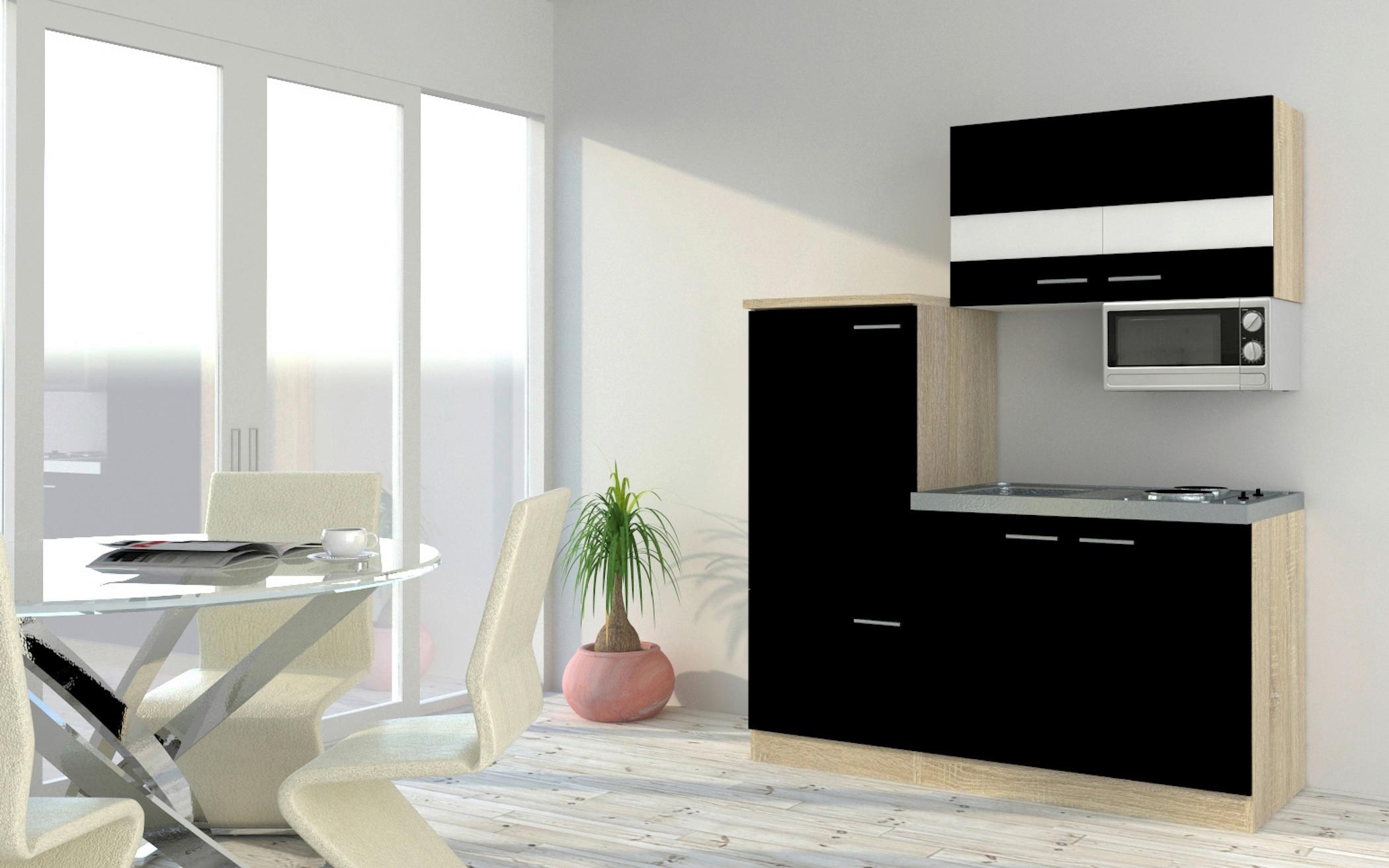 Miniküche m. Kühlschrank + Kochfeld 160 cm Schwarz/Eiche - Eichefarben/Schwarz, Basics, Holzwerkstoff/Metall (160cm) - Respekta