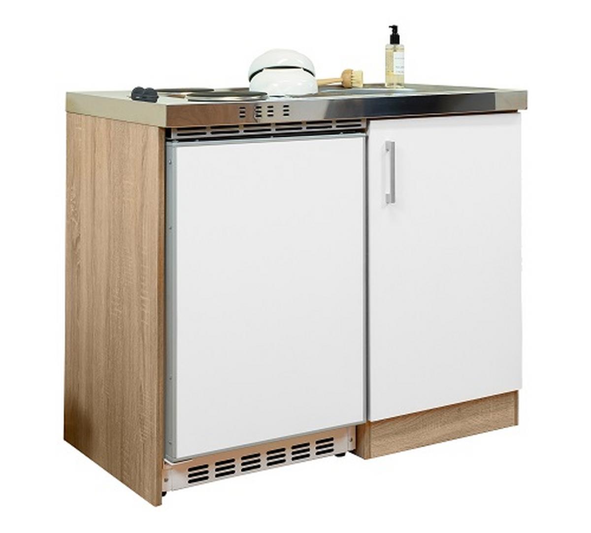 Miniküche M. Kühlschrank + Kochfeld 100 Cm Weiß/eiche - Edelstahlfarben/Weiß, MODERN, Holzwerkstoff/Metall (100cm) - Respekta