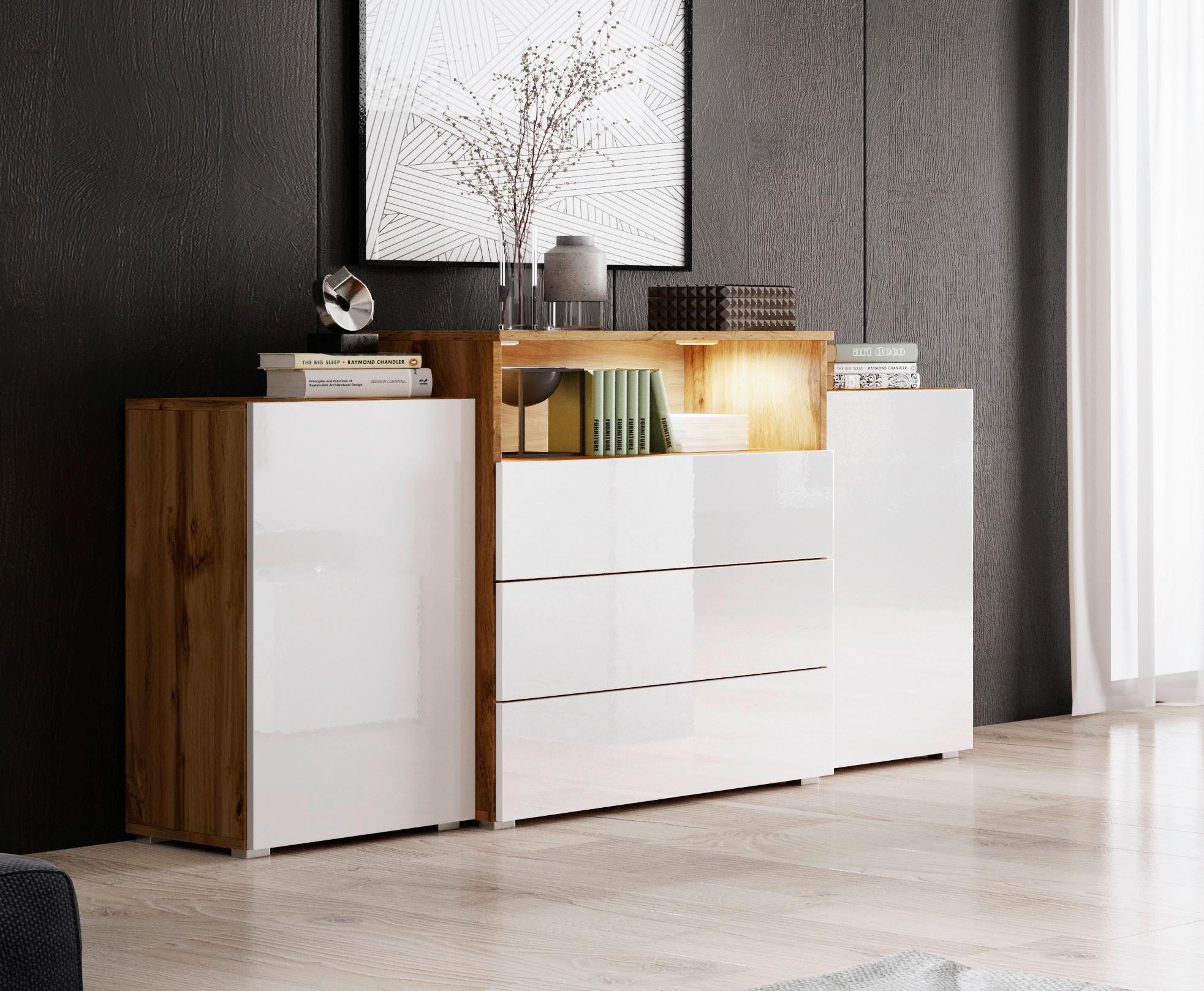 Sideboard Grifflos Mit Led 150cm Urban Iii ,weiß/eiche - Weiß Hochglanz/Eiche Wotan, LIFESTYLE, Holzwerkstoff (150/68,7/32,5cm) - P & B