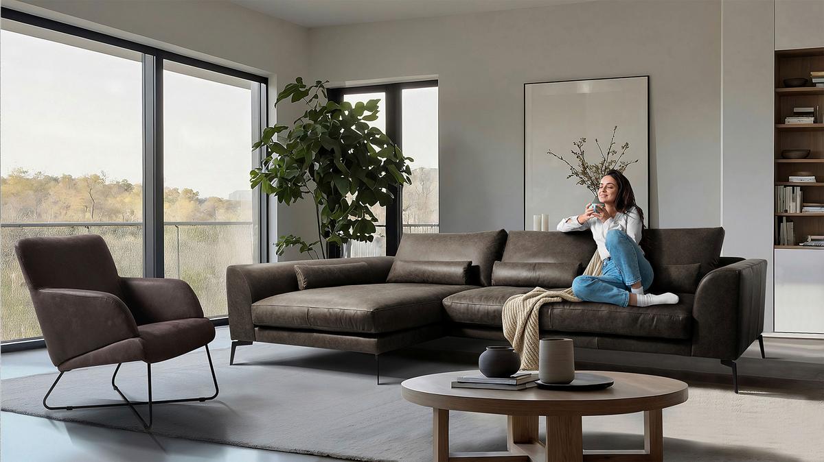 Ecksofa Berlin Fango S: 172 cm - Fango/Schwarz, Design, Leder (172/313cm) - Livetastic