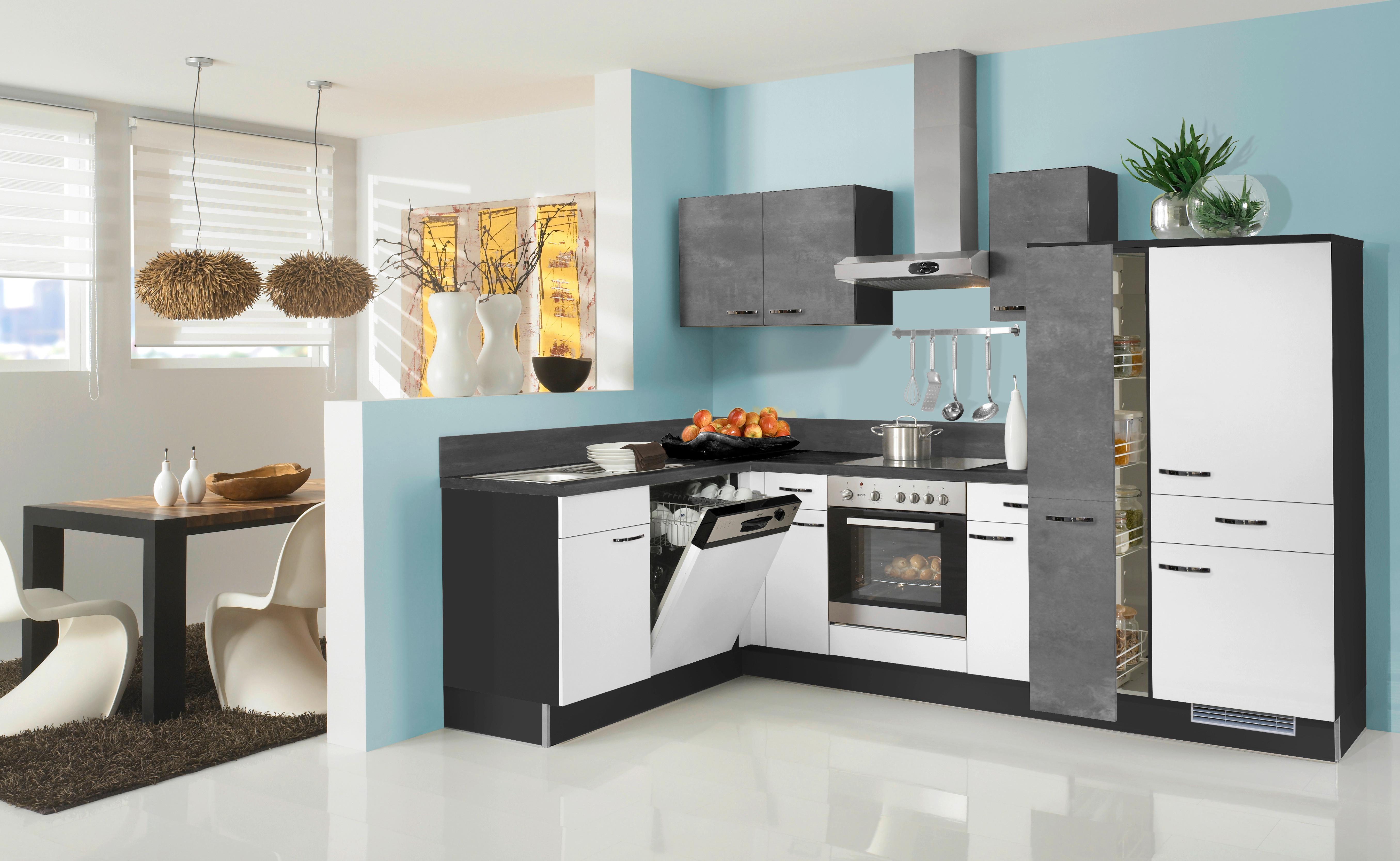 Eckküche Pn80/100 mit Geräten 175x285 cm Weiß/Grafit Modern