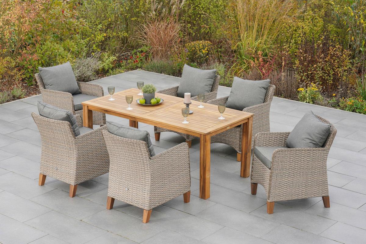 Gartentischgruppe 7tlg. Set Inkl. Kissen - Beige/Beigebraun, KONVENTIONELL, Holz/Kunststoff - Gardenson