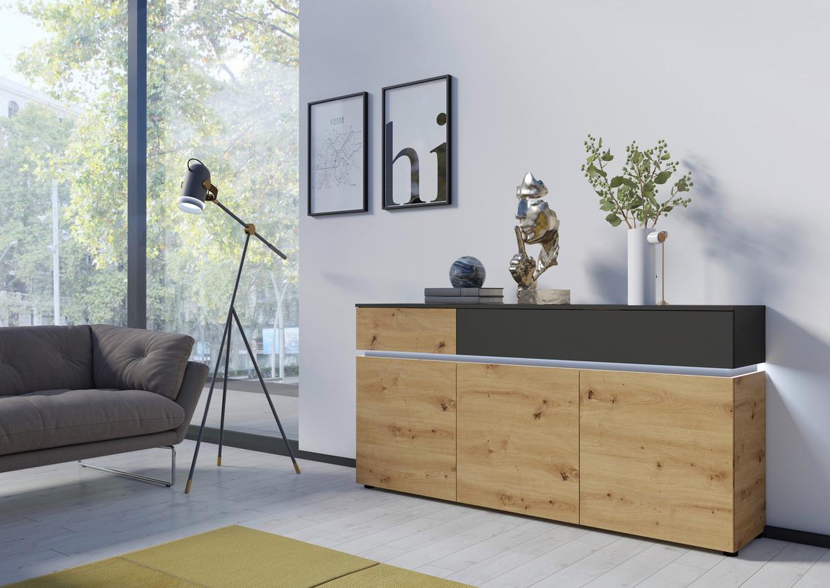 Sideboard Luci Grau Eiche Artisan/grau B: 180,5 Cm - Eichefarben/Schwarz, Trend, Holzwerkstoff (180,5/90,1/40cm) - MID.YOU