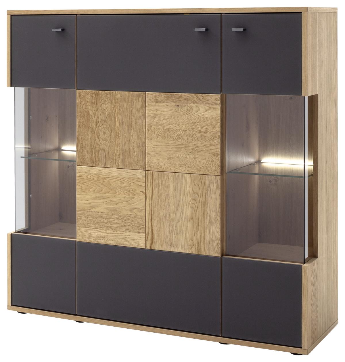 Highboard Echtholz B: 124 Cm Valencia Anthrazit/eiche - Eiche Bianco/Anthrazit, Design, Glas/Holz (124/120/37cm) - MID.YOU