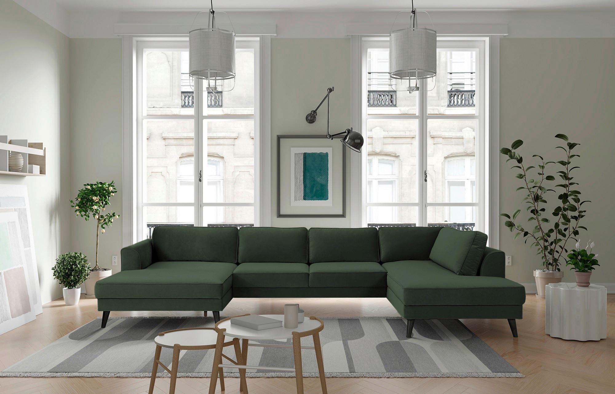 Wohnlandschaft Lumber Jack Dunkelgrün Velours - Wengefarben/Dunkelgrün, MODERN, Textil (169/348/201cm) - Trendmanufaktur