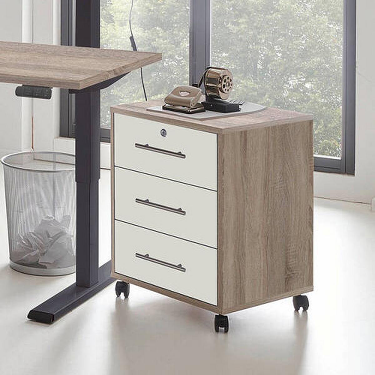 Rollcontainer Weiß/eiche Office Edition 44x58x40 Cm - Weiß/Sonoma Eiche, MODERN, Holzwerkstoff/Kunststoff (44/58/40cm) - MID.YOU