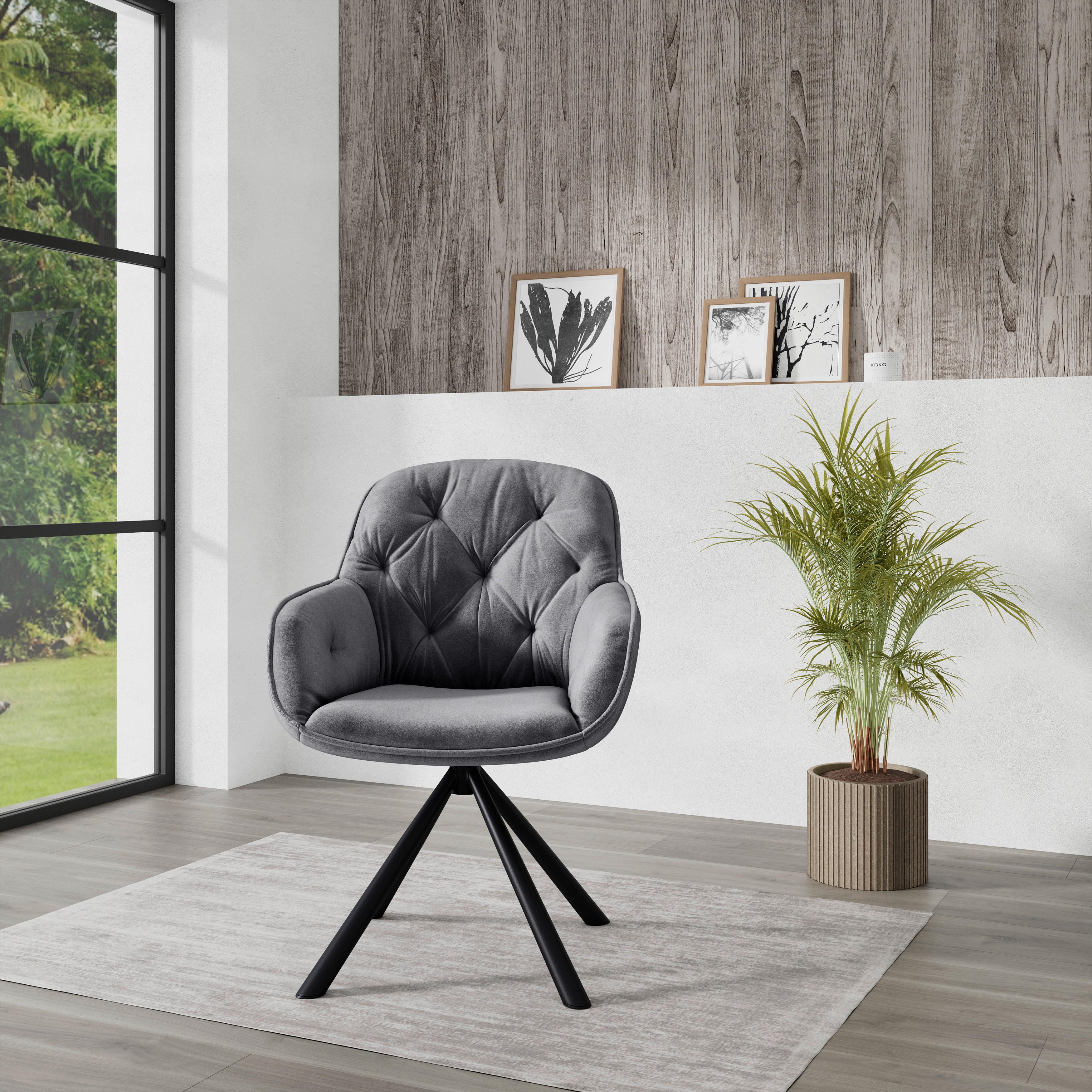 Armlehnstuhl Silvi Samt Grau 360° Drehbar - Schwarz/Grau, KONVENTIONELL, Textil/Metall (62/85/62cm)