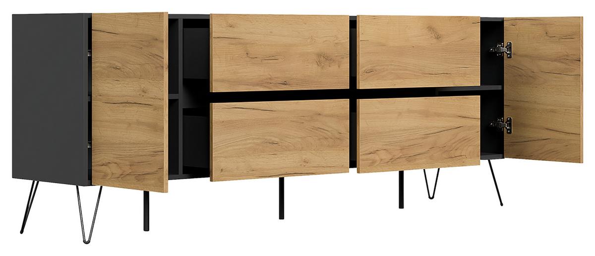 Sideboard Posseik Industrial Graphitfarben/Eichef. B: 199cm - Eichefarben/Schwarz, Design, Holzwerkstoff (199/75,8/42cm) - MID.YOU