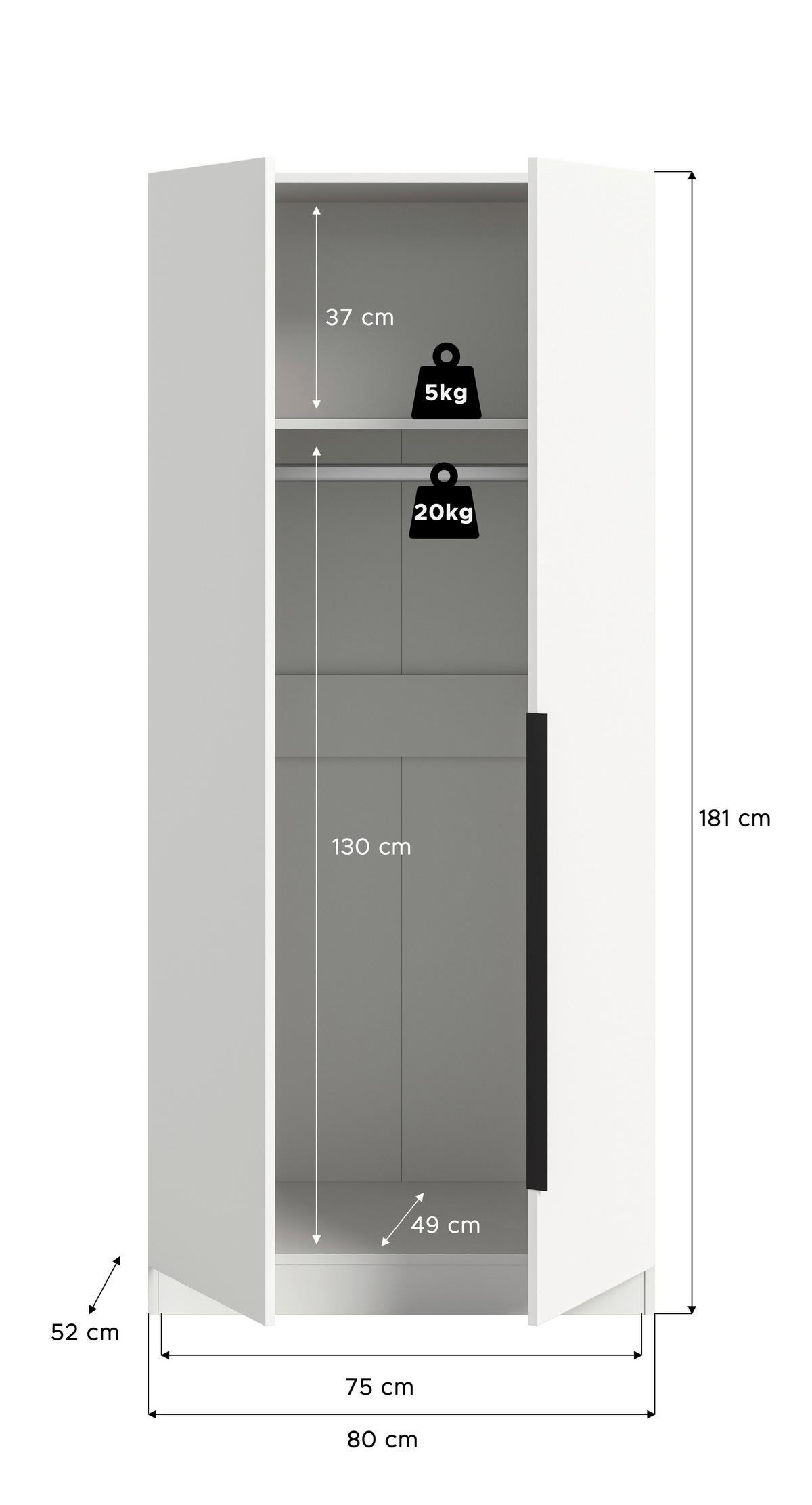 Šatníková skriňa Kopenhagen biela - čierna/biela, Modern, kompozitné drevo (80/181/52cm) - MID.YOU