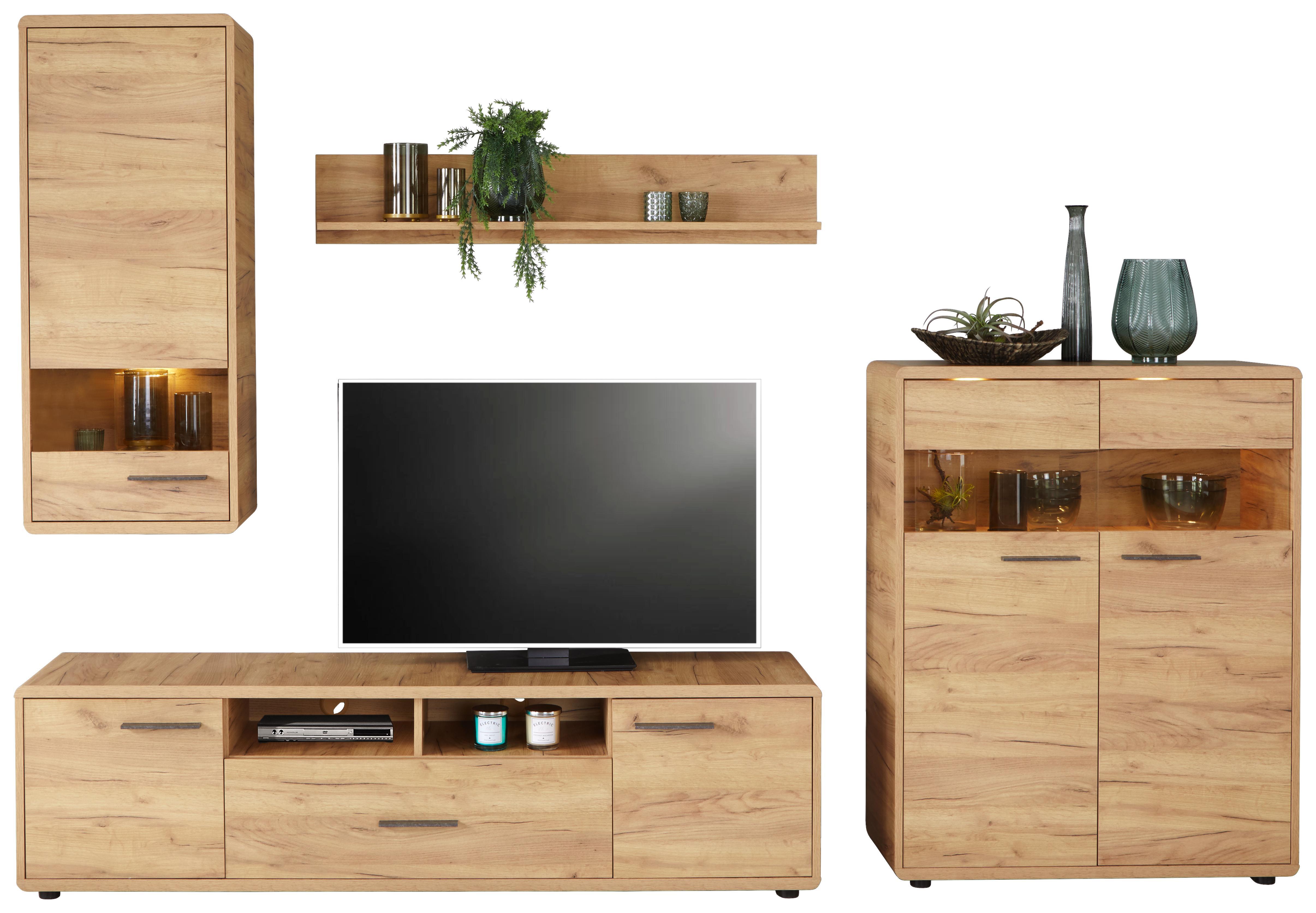 Vitrinkombináció Fontana - Tölgyfa, modern, Faalapú anyag/Üveg (300/198/40cm)