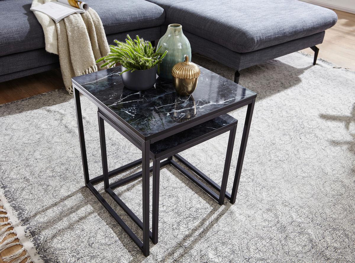 Beistelltisch 2er-Set In Marmoroptik, Schwarz - Schwarz, KONVENTIONELL, Holzwerkstoff/Metall (45/45/50cm) - MID.YOU