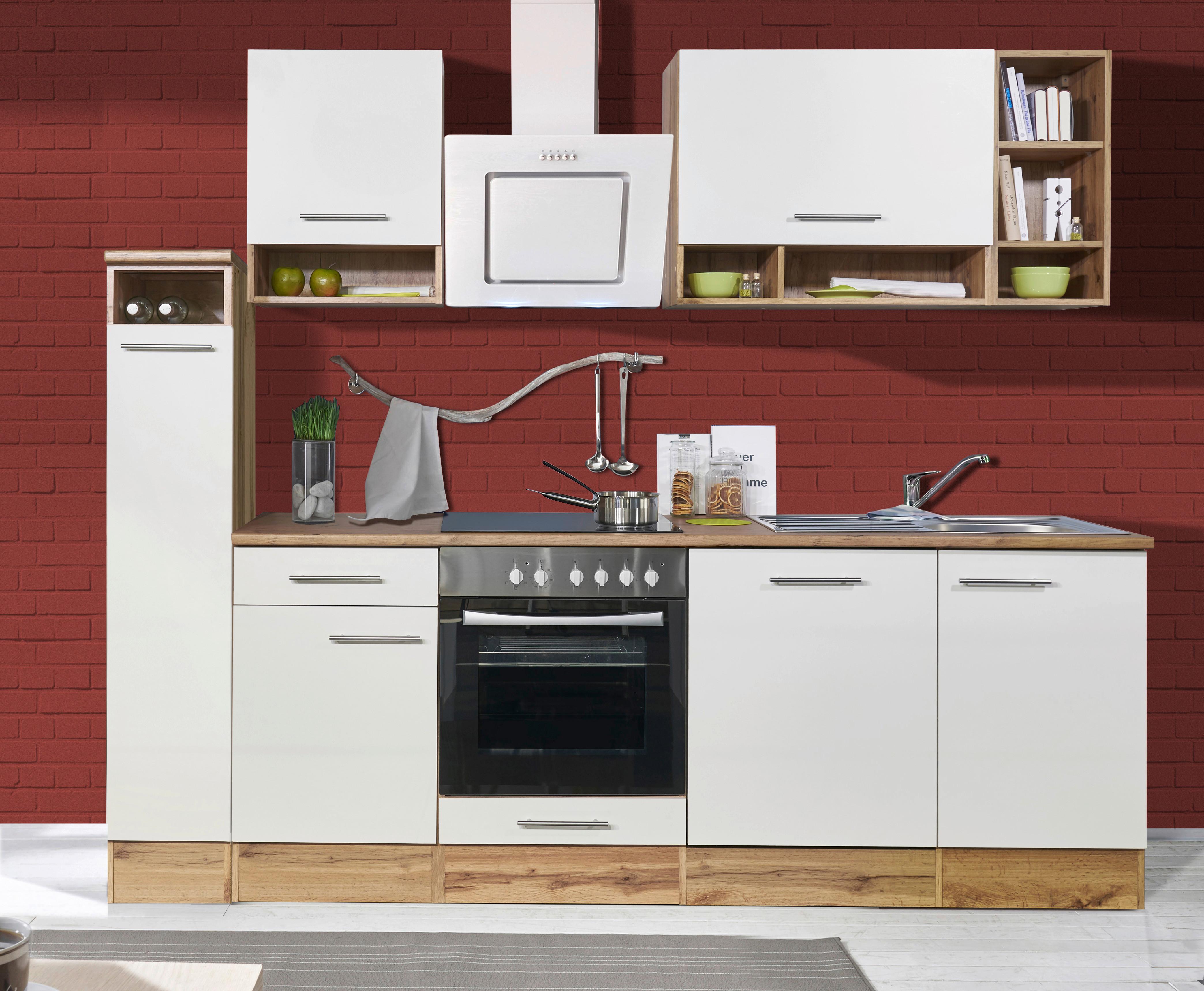 Küchenzeile mit Geräten B: 250 cm Weiß/Eiche Dekor - Eichefarben/Weiß, Basics, Holzwerkstoff (250cm) - Respekta