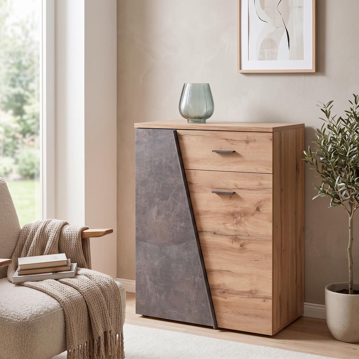 Kommode 80cm Venedig Wotan Eiche Dekor/Betonoptik - Eichefarben/Dunkelgrau, MODERN, Holzwerkstoff (80/92/35cm)