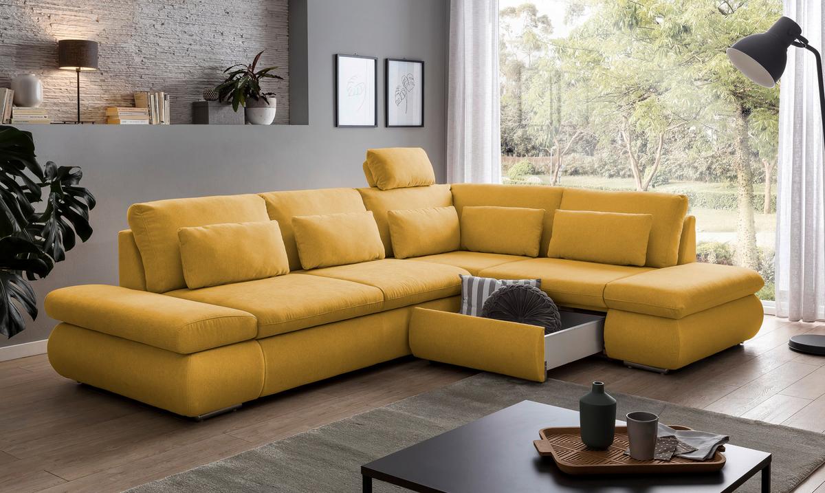 Sarokgarnitúra Alice - mustársárga, Modern, textil (300/86/224cm)