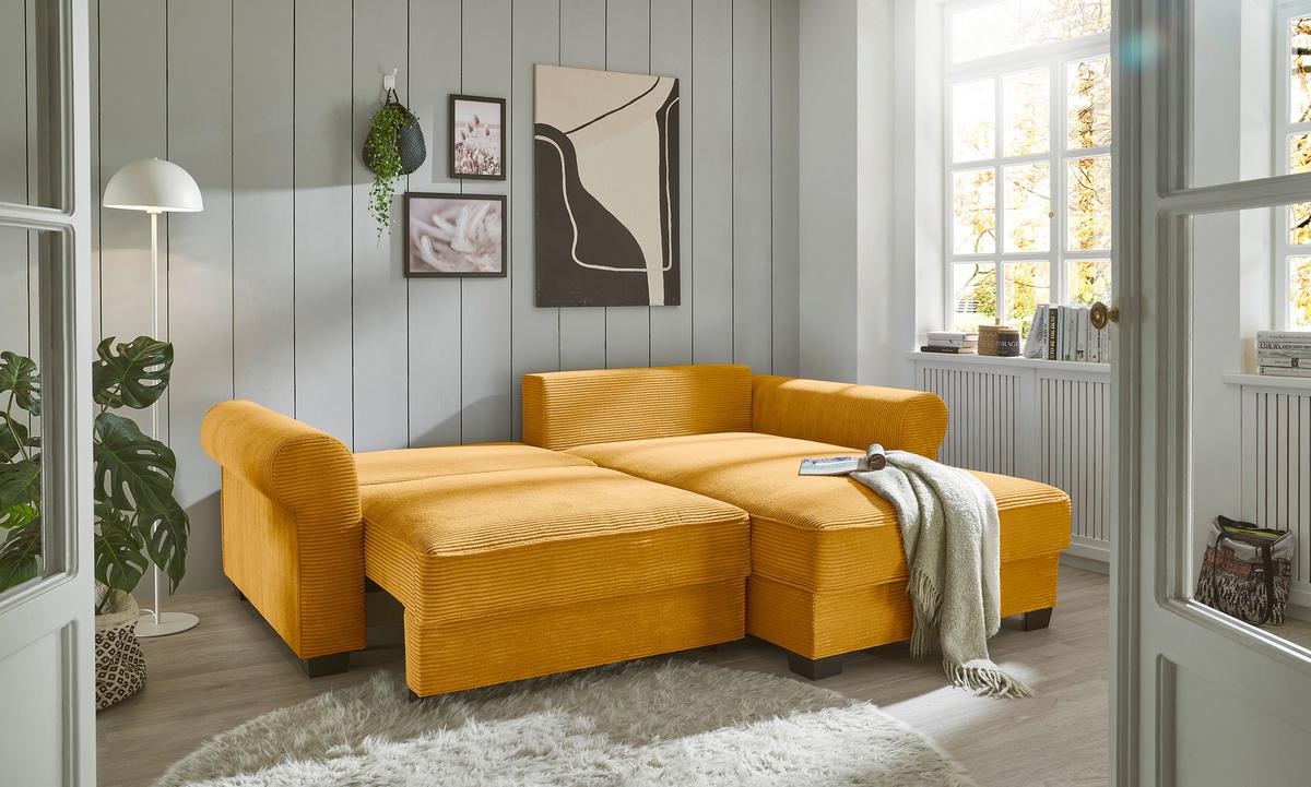 Ecksofa Maureen Gelb Cord - Gelb/Schwarz, KONVENTIONELL, Textil (255/185cm) - MID.YOU