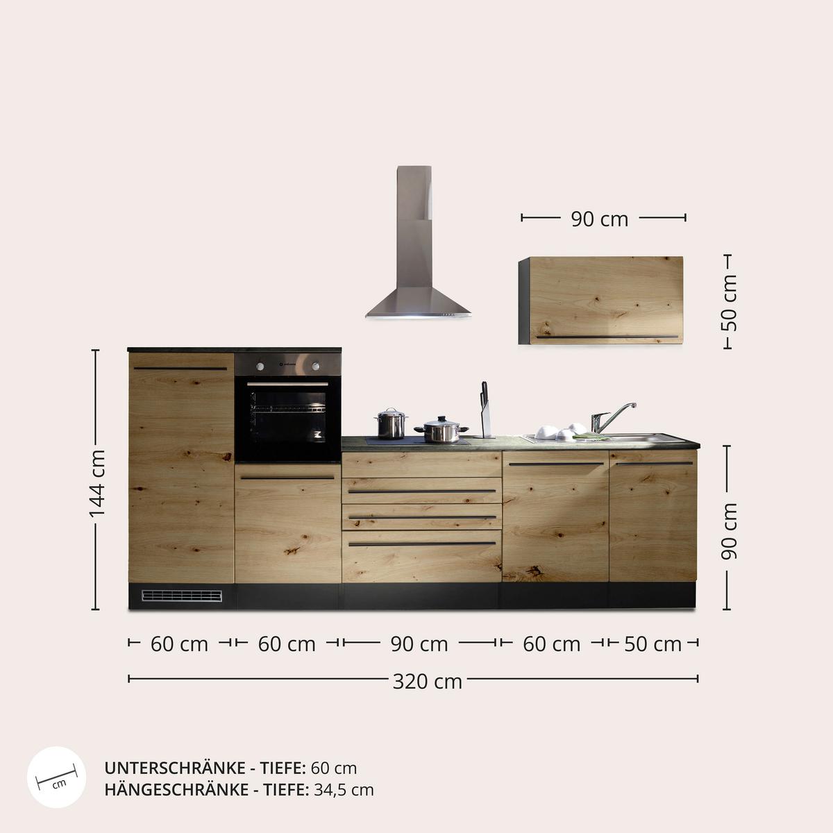 Küchenzeile Jazz4 Mit Geräten B: 320cm Anthrazit/eiche Dekor - Anthrazit/Eiche Artisan, Basics, Holzwerkstoff (320cm) - MID.YOU