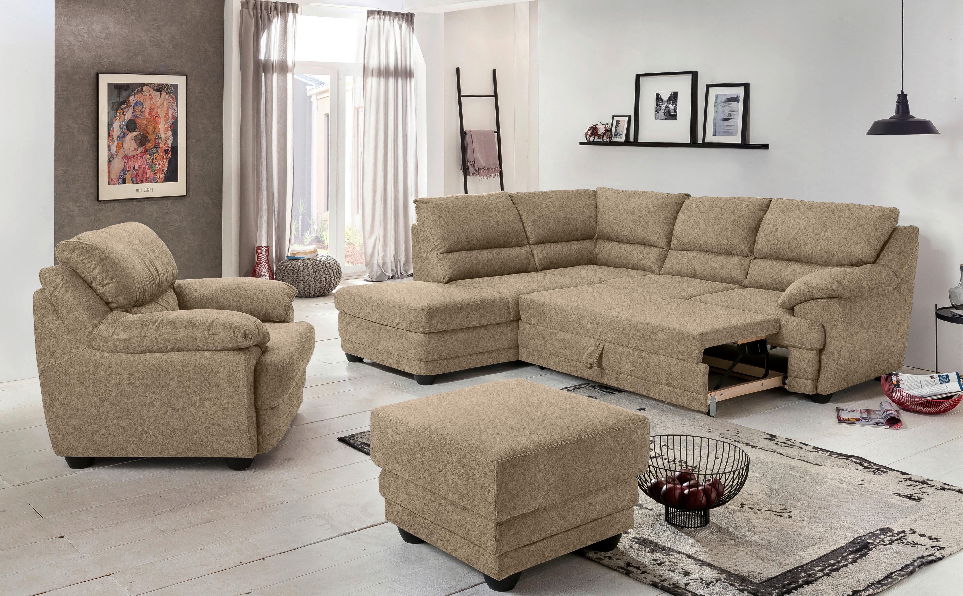Ecksofa mit Schlaffunktion Nebolo Sandfarben S. 225x246cm - Sandfarben/Schwarz, Design, Textil (225/246cm) - Livetastic