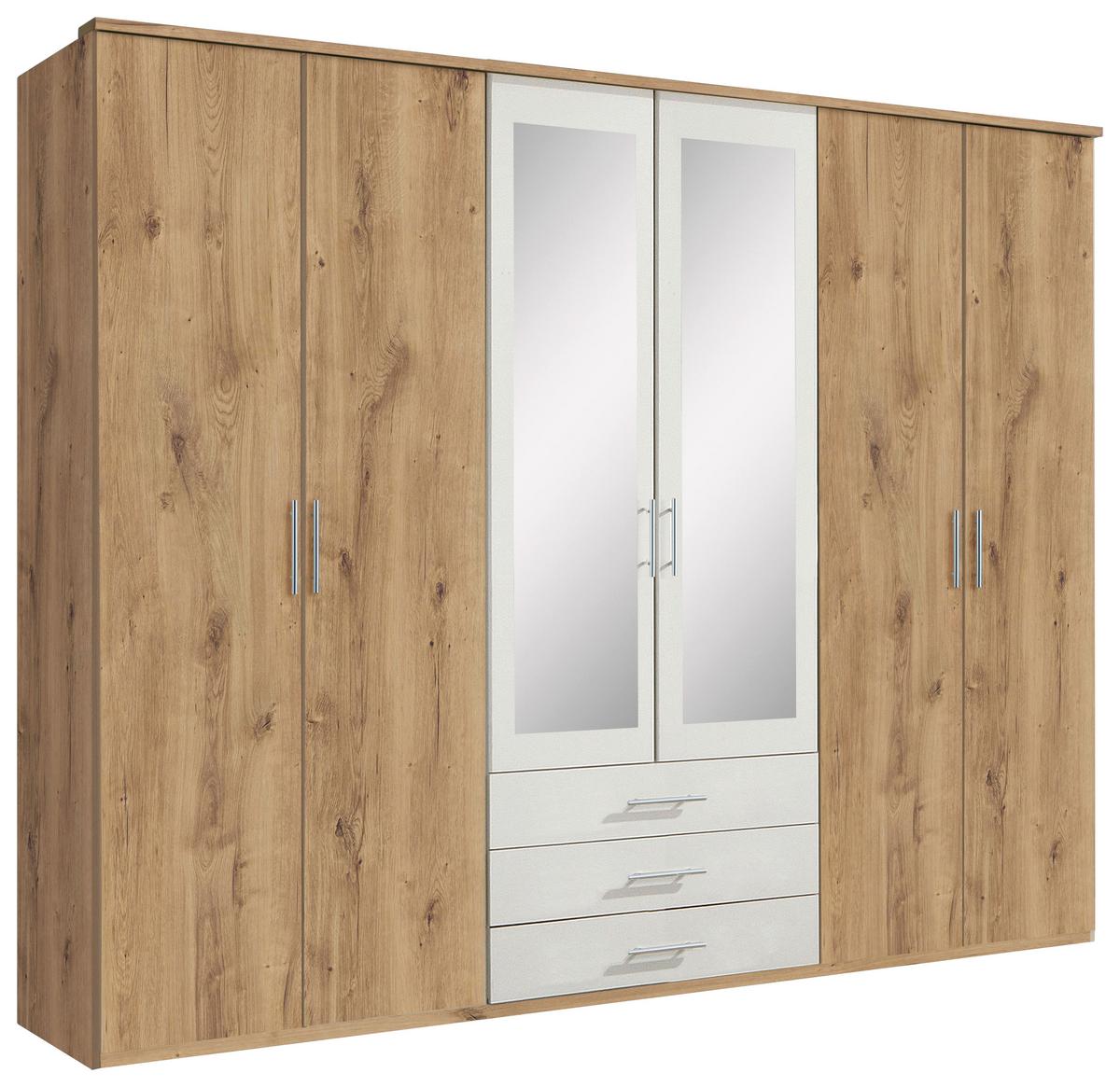 Drehtürenschrank Mit Spiegel + Laden 270cm Ben, Eiche/Weiß - Eichefarben/Weiß, KONVENTIONELL, Glas/Holzwerkstoff (270/210/58cm) - MID.YOU