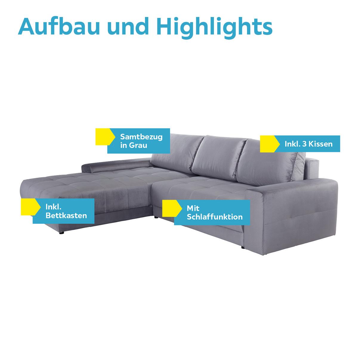Ecksofa mit Schlaffunktion + Bettkasten Adria Grau - Grau, MODERN, Textil (213/308cm) - Luca Bessoni
