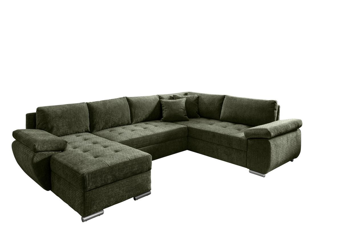 Wohnlandschaft Terana Olivgrün Mit Schlaffunktion, Mikrofaser - Chromfarben/Olivgrün, KONVENTIONELL, Textil (157/305/219cm) - Livetastic