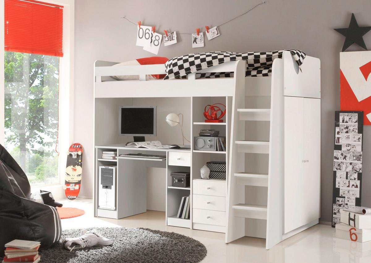 Vysoká posteľ UNIT so stolíkom a skrinkou - biela, Modern, kompozitné drevo (90/200cm) - MID.YOU