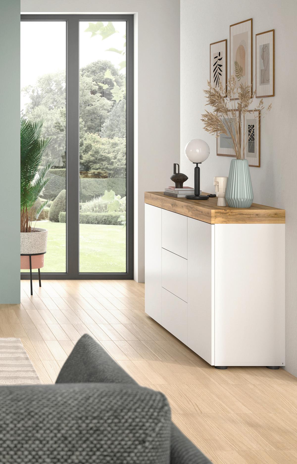 Sideboard Sugar Weiß/eiche Dekor B: 125 Cm - Eiche Wotan/Weiß, Design, Holzwerkstoff (125/80/37cm) - MID.YOU