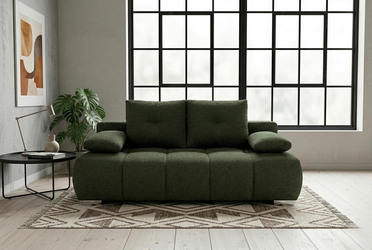 Boxspringsofa mit Bettkasten Webstoff wintermoos, B: 206 - Waldgrün/Chromfarben, Trend, Holzwerkstoff/Textil (206/90/105cm) - Luca Bessoni