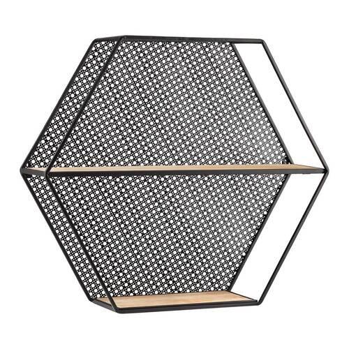 Nástenný regál LELIA - čierna/prírodná farba, Modern, kov/drevo (60/53/16cm) - Bessagi Home