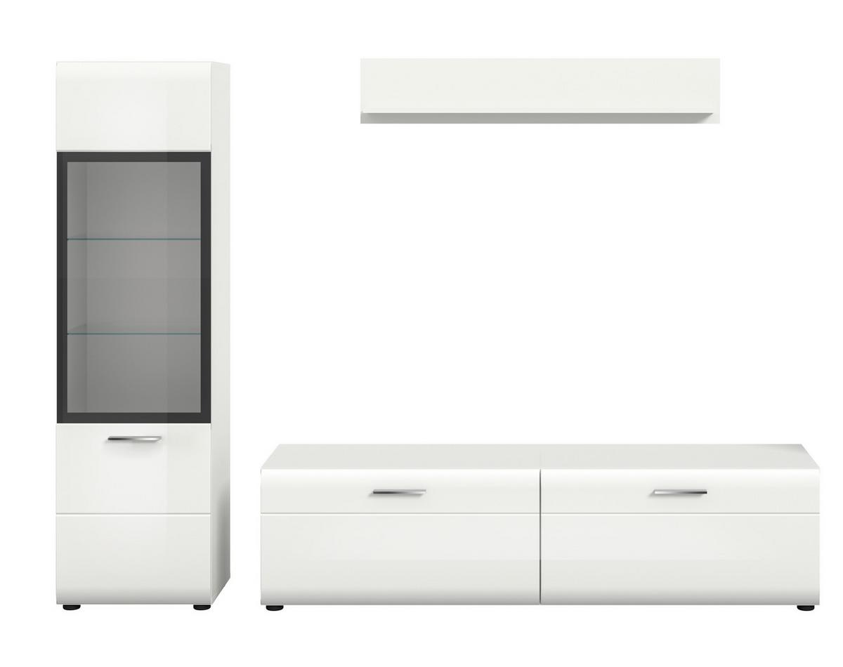 WOHNWAND Ice, Weis B: 220 cm - Weiß Hochglanz/Schwarz, Design, Glas/Holzwerkstoff (220/160/41cm) - Livetastic