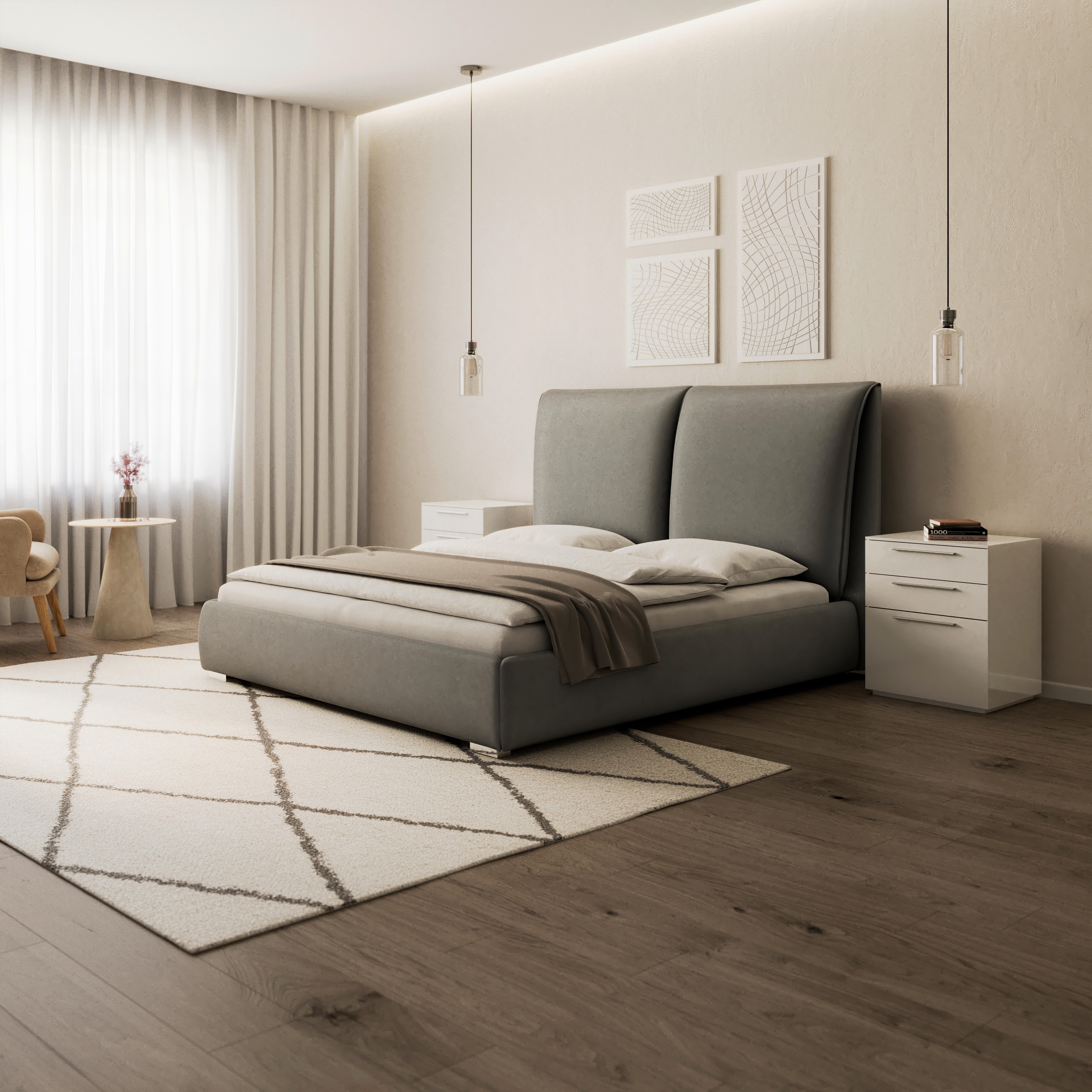 Čalouněná postel SOPHIE 180x200, šedá - šedá/barvy stříbra, Moderní, kov/dřevo (180/200cm) - Bessagi Home