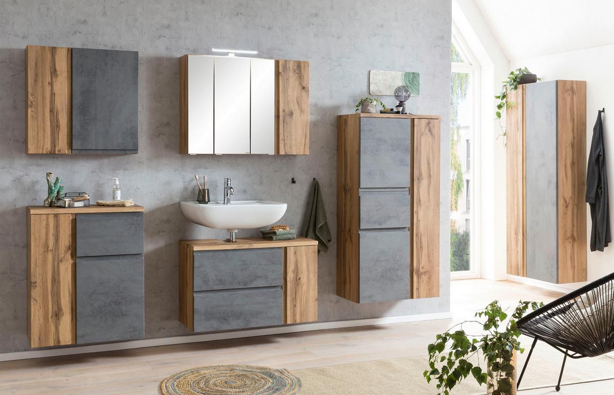 Badezimmer Hochschrank Varese BxH 65x180cm Grau/ Eiche Dekor - Eiche Wotan/Hellgrau, MODERN, Holzwerkstoff (65/180/35cm) - Held