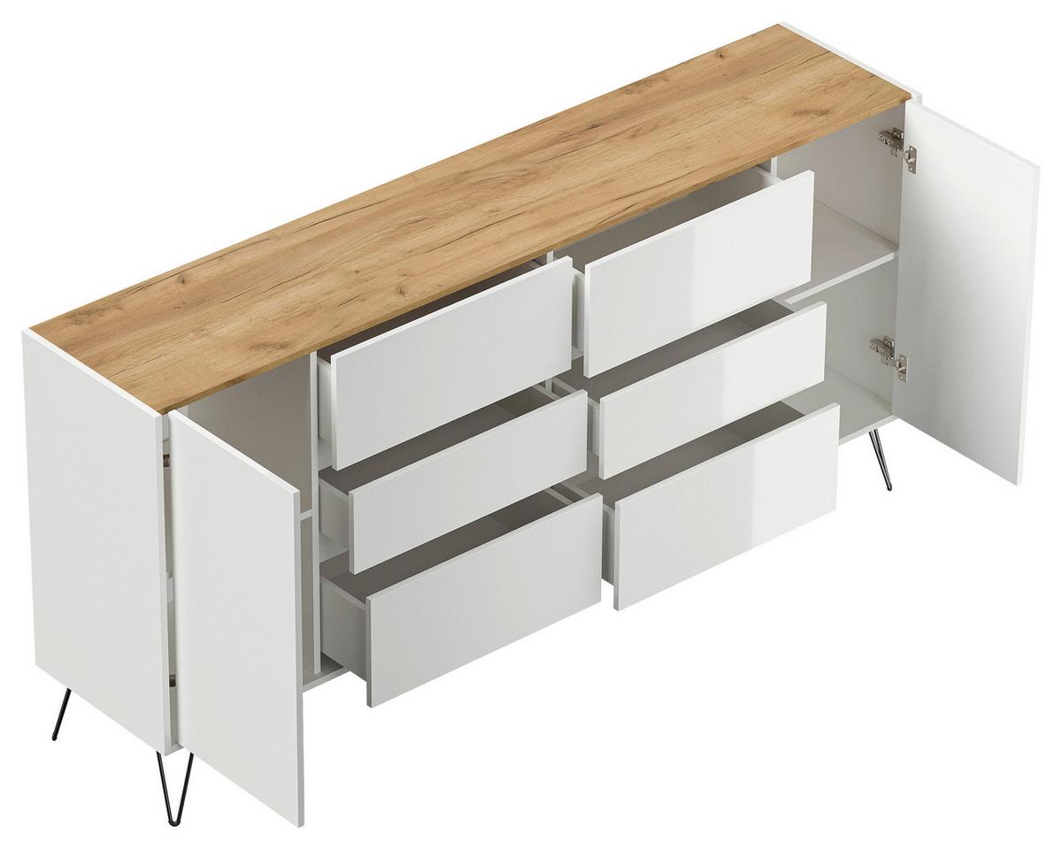 Sideboard Posseik Industrial Weiß/Eichefarben B: 199 cm - Weiß Hochglanz/Eichefarben, Design, Holzwerkstoff (199/93,6/42cm) - P & B