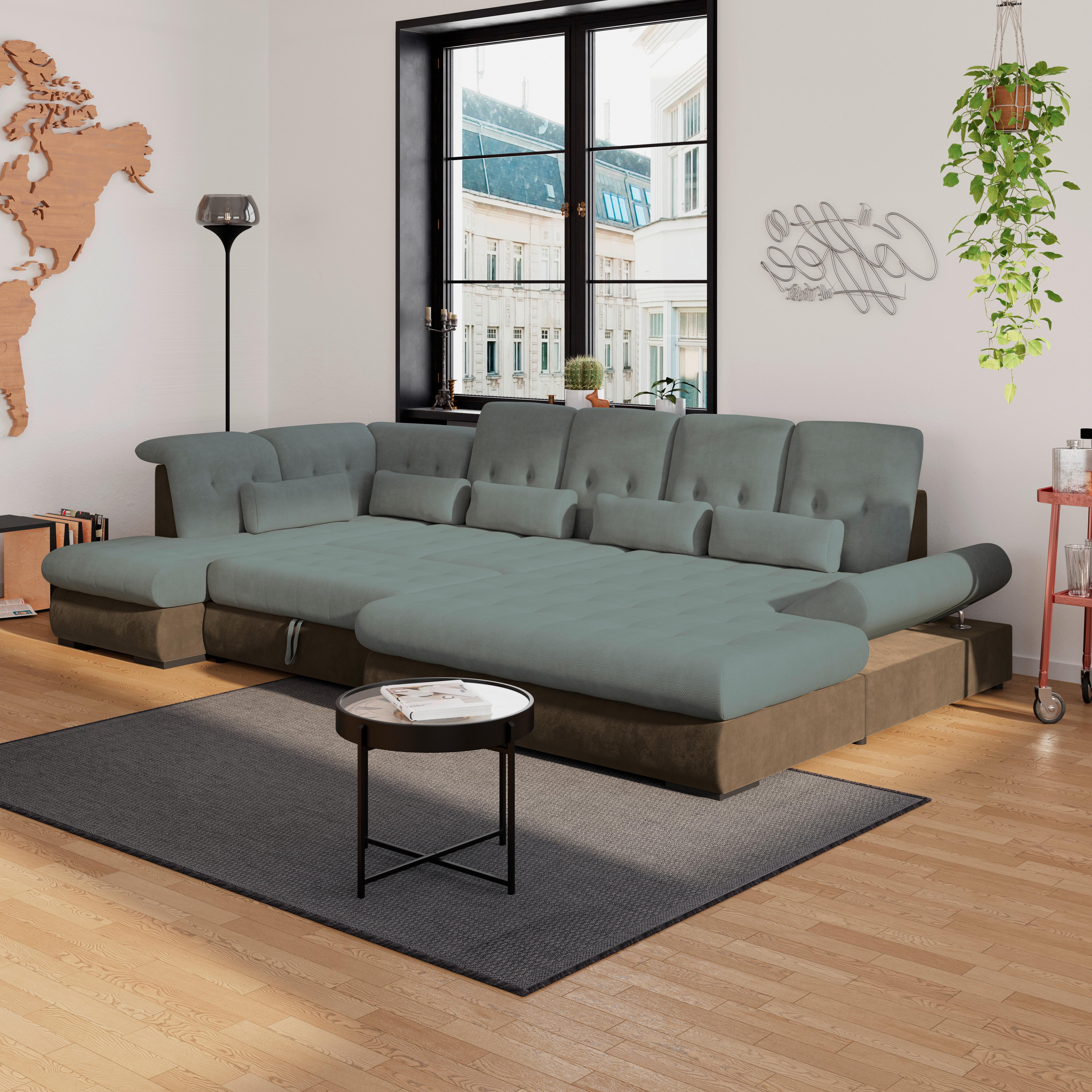 Wohnlandschaft Madera Blaugrün U: 212x358x190 cm - Blau/Hellbraun, KONVENTIONELL, Kunststoff/Textil (212/358/190cm)